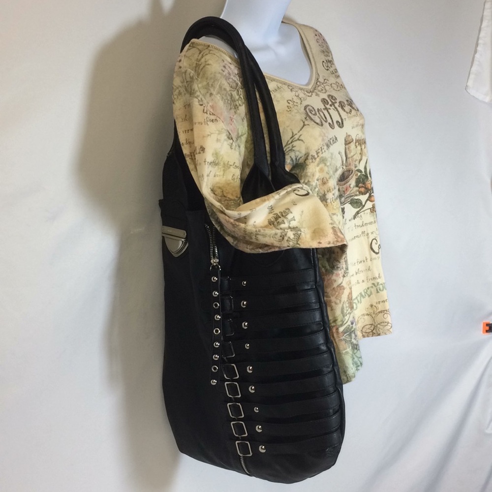 Large Tote Purse Belted Black